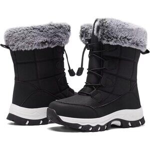 Women's Black Warm Waterproof Winter Boots Mid Calf Insulated Snow Boots